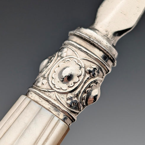 1870 British antique white mother-of-pearl handle dessert cutlery, 6 pairs, wooden box