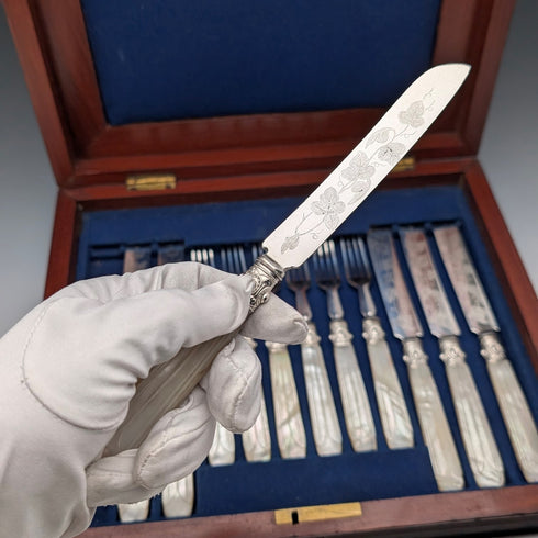 1870 British antique white mother-of-pearl handle dessert cutlery, 6 pairs, wooden box