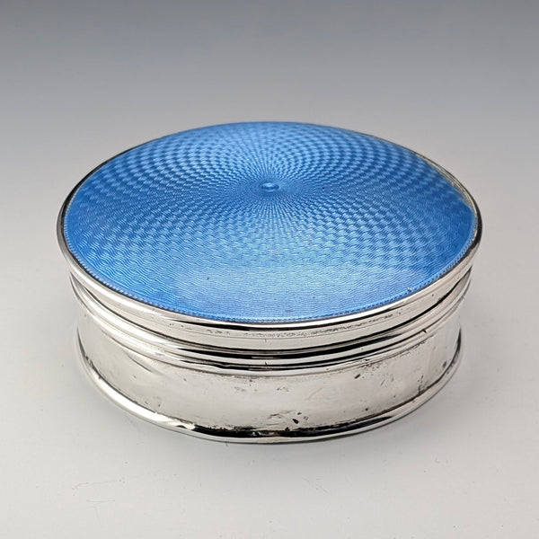 1926 British Antique Blue Guilloche Enamel Sterling Silver Jewelry Box 120g