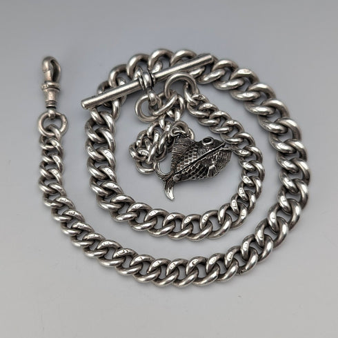 約 1900 年英國古董純銀阿爾伯特鏈 53 克魚形吊飾