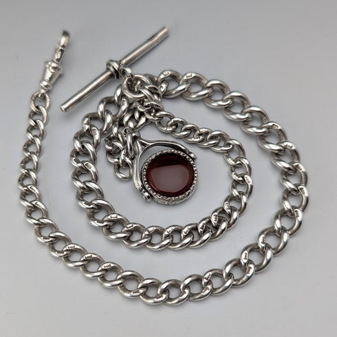 1914年頃 英国アンティーク 純銀製アルバートチェーン 38g 純銀台座2色回転フォブ