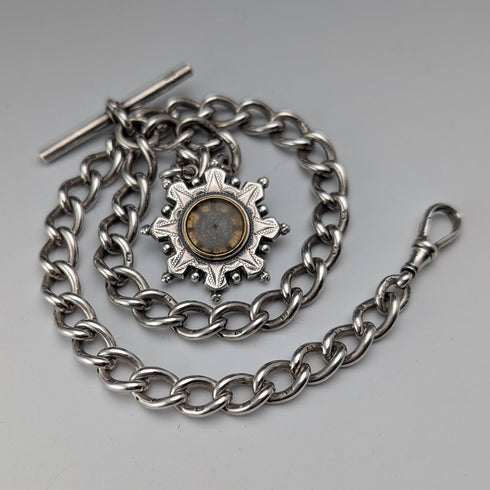 1893 年英國古董純銀阿爾伯特鏈 42 克純銀底座指南針錶鍊