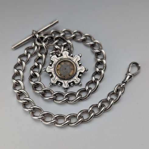 1893 British antique sterling silver Albert chain 42g sterling silver base compass fob