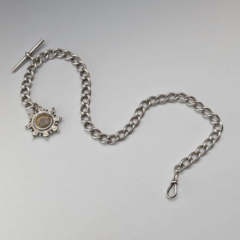 1893 British antique sterling silver Albert chain 42g sterling silver base compass fob