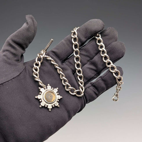 1893 British antique sterling silver Albert chain 42g sterling silver base compass fob