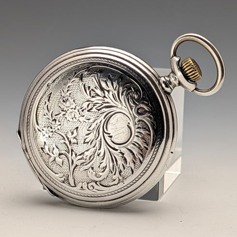 約 1910 年古董浪琴懷錶,新藝術風格裝飾,銀色側獵錶殼,運作良好