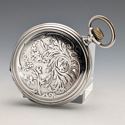 約 1910 年古董浪琴懷錶,新藝術風格裝飾,銀色側獵錶殼,運作良好