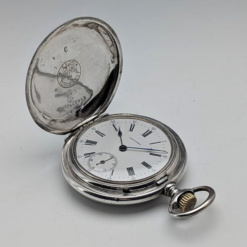 約 1910 年古董浪琴懷錶,新藝術風格裝飾,銀色側獵錶殼,運作良好