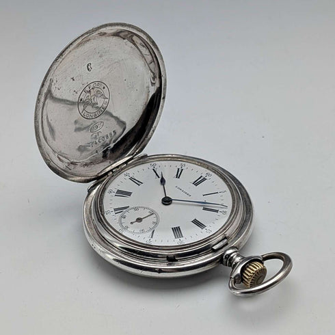 Circa 1910 Antique Longines Pocket Watch with Art Nouveau Decoration, Silver Side Hunter Case, in Good Working Condition