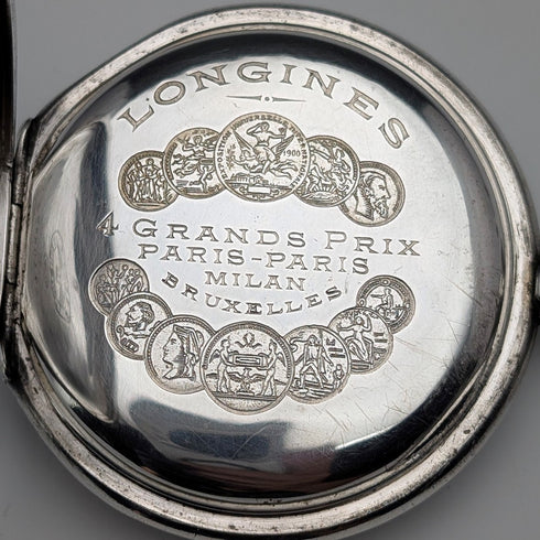 約 1910 年古董浪琴懷錶,新藝術風格裝飾,銀色側獵錶殼,運作良好