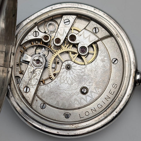 約 1910 年古董浪琴懷錶,新藝術風格裝飾,銀色側獵錶殼,運作良好