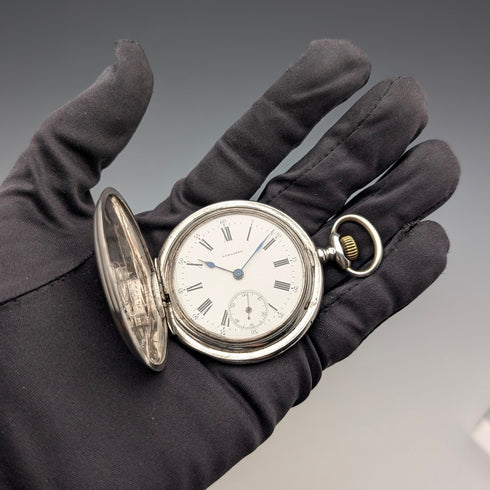 約 1910 年古董浪琴懷錶,新藝術風格裝飾,銀色側獵錶殼,運作良好