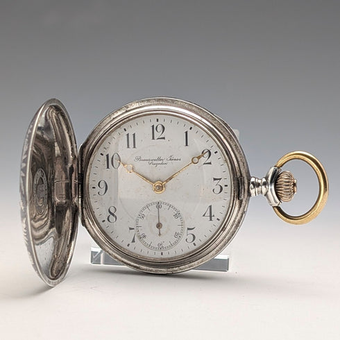 古董匈牙利 Brauswetter Janos 懷錶,銀邊黑金裝飾,獵錶殼,運作良好