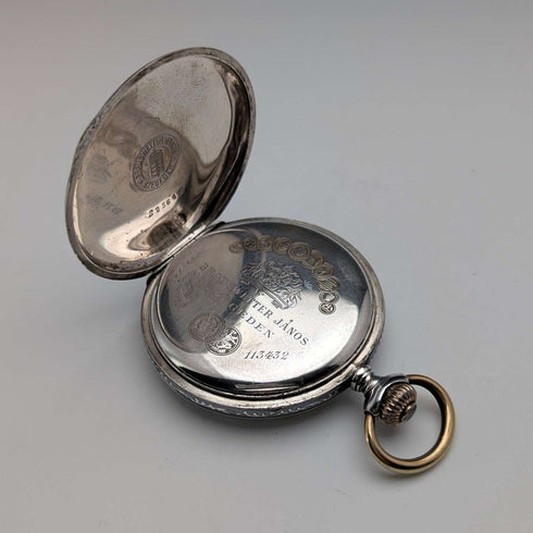 Antique Hungarian Brauswetter Janos pocket watch, silver side Niello decoration, hunter case, in good working order