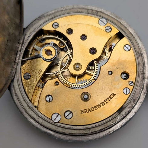 Antique Hungarian Brauswetter Janos pocket watch, silver side Niello decoration, hunter case, in good working order