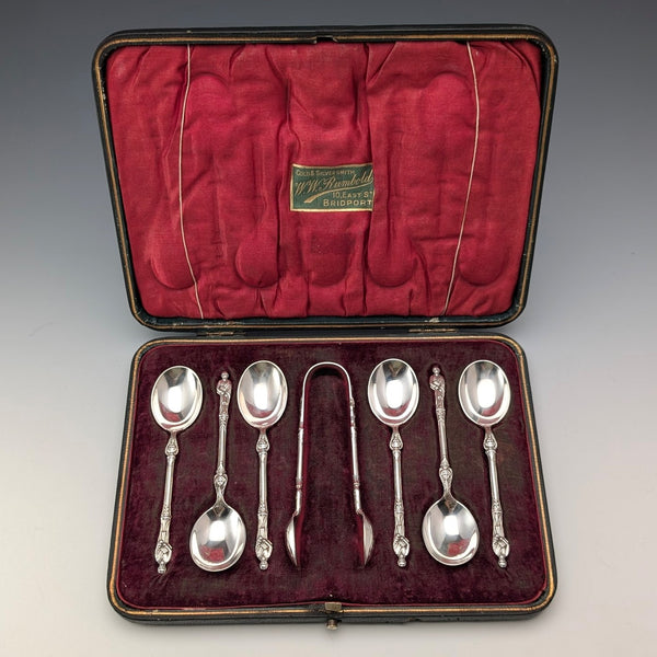 1899 British antique sterling silver apostle teaspoon set of 6 and sugar tongs, 106g total, case included, Harrison Brothers&Howson