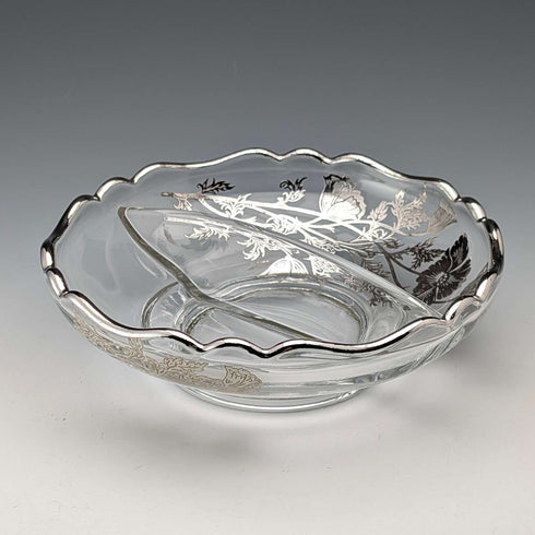 Vintage American Silver Overlay Divided Bowl with UV Glow Glass