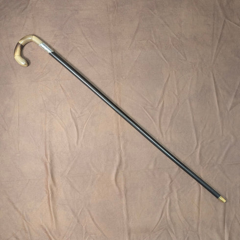 1920年 英国アンティーク ブラックシャフト ホーン曲がりハンドル 純銀装飾 ステッキ 杖 88cm