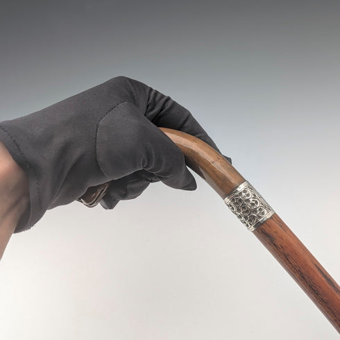 1919年 英国アンティーク ブラウンシャフト ドッグヘッドハンドル 純銀装飾 杖 87cm Jonathan Howell