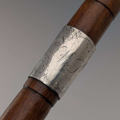 1921年頃 英国アンティーク ブラウンシャフト 曲がりハンドル 純銀装飾 ステッキ 杖 88cm
