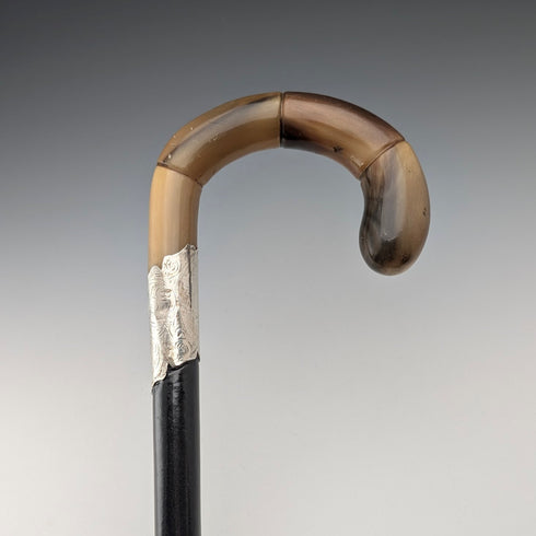 1920年 英国アンティーク ブラックシャフト ホーン曲がりハンドル 純銀装飾 ステッキ 杖 88cm