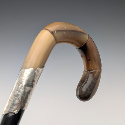 1920年 英国アンティーク ブラックシャフト ホーン曲がりハンドル 純銀装飾 ステッキ 杖 88cm