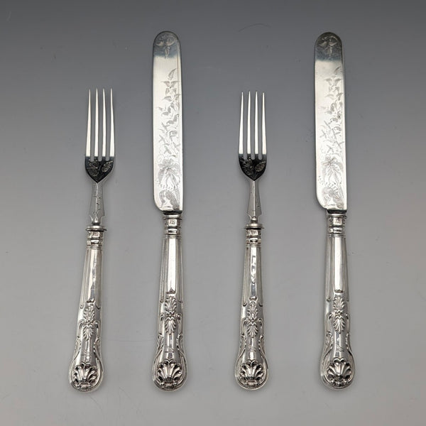 1836 British Antique Pure Silver Handle Dessert Cutlery, 2 Pairs, Charles Needham