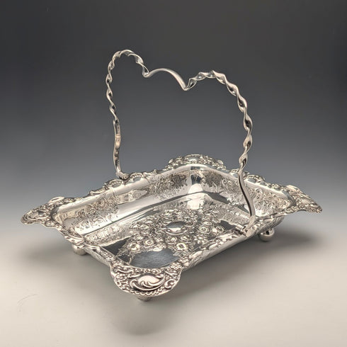 英国アンティーク 後期ビクトリアン シルバープレート製 可動ハンドルバスケット