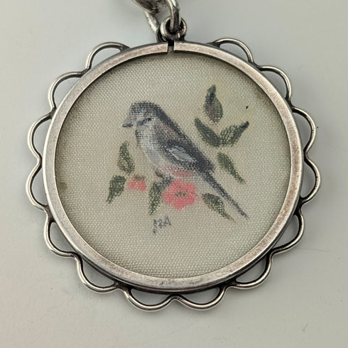 約 1915 年英國古董純銀阿爾伯特鏈,36 克,手繪鳥形錶鍊