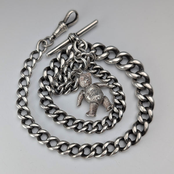 Circa 1910 British Antique Sterling Silver Extra Thick Albert Chain, 62g, Teddy Bear Fob
