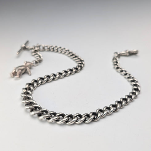 1910年頃 英国アンティーク 純銀製 極太アルバートチェーン 62g テディベアフォブ