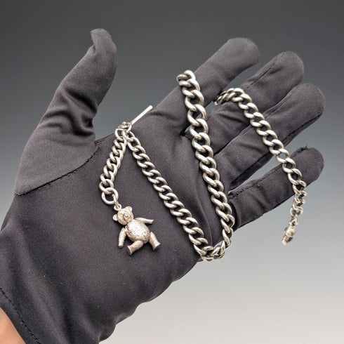 1910年頃 英国アンティーク 純銀製 極太アルバートチェーン 62g テディベアフォブ