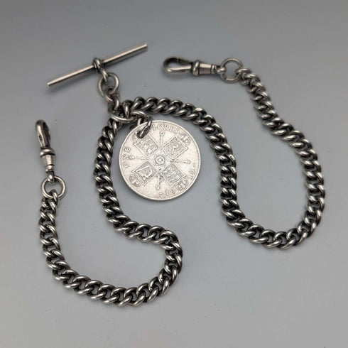 1923年 英国アンティーク 純銀製ダブルアルバートチェーン 56g 1フローリン銀貨フォブ Britton&Sons