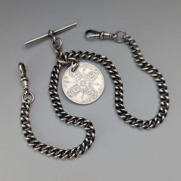 1923年 英国アンティーク 純銀製ダブルアルバートチェーン 56g 1フローリン銀貨フォブ Britton&Sons