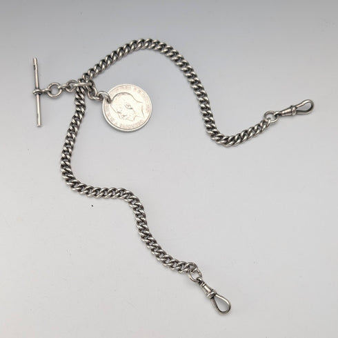 1923 British Antique Sterling Silver Double Albert Chain, 56g, 1 Florin Coin Fob, Britton & Sons