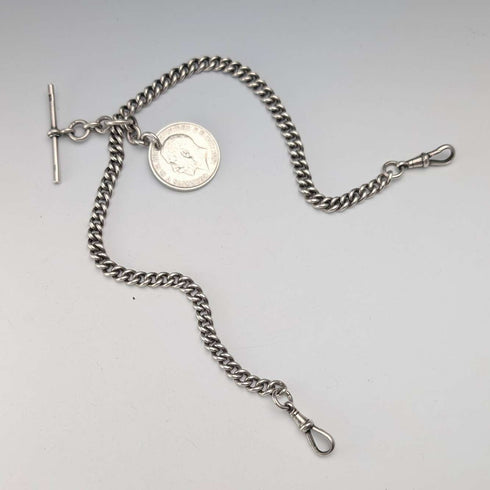1923年 英国アンティーク 純銀製ダブルアルバートチェーン 56g 1フローリン銀貨フォブ Britton&Sons