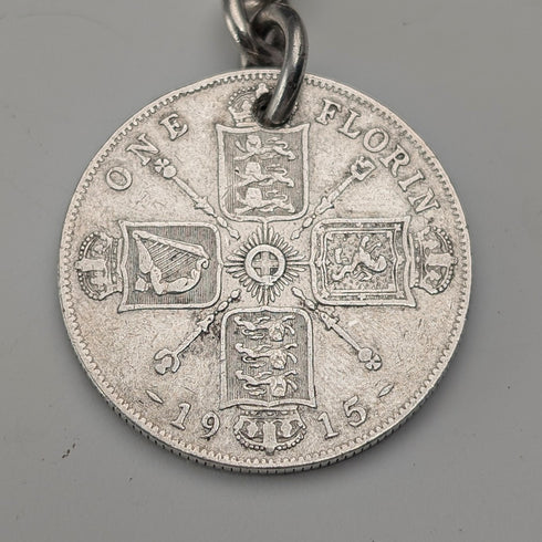 1923 British Antique Sterling Silver Double Albert Chain, 56g, 1 Florin Coin Fob, Britton & Sons