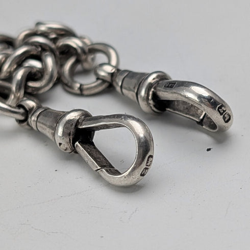 1923 British Antique Sterling Silver Double Albert Chain, 56g, 1 Florin Coin Fob, Britton & Sons