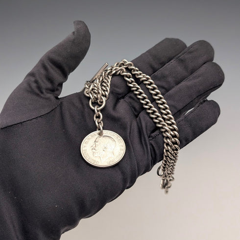 1923 British Antique Sterling Silver Double Albert Chain, 56g, 1 Florin Coin Fob, Britton & Sons