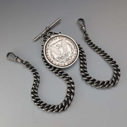 1921 British Antique Sterling Silver Morgan Dollar Fob with Extra Thick Double Albert Chain, 95g, Henry Pope