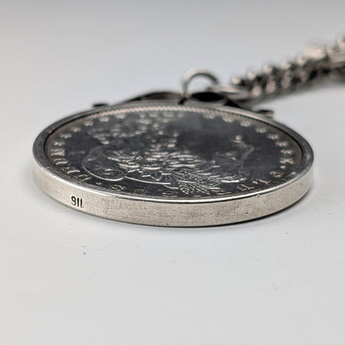 1921 British Antique Sterling Silver Morgan Dollar Fob with Extra Thick Double Albert Chain, 95g, Henry Pope