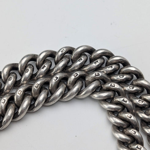 1921 British Antique Sterling Silver Morgan Dollar Fob with Extra Thick Double Albert Chain, 95g, Henry Pope