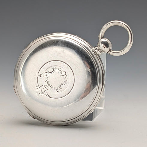 1881 British antique John Cowgill sterling silver pocket watch with key winding mechanism, 53mm diameter, in good working order