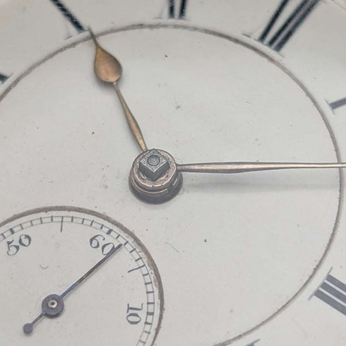 1881 British antique John Cowgill sterling silver pocket watch with key winding mechanism, 53mm diameter, in good working order
