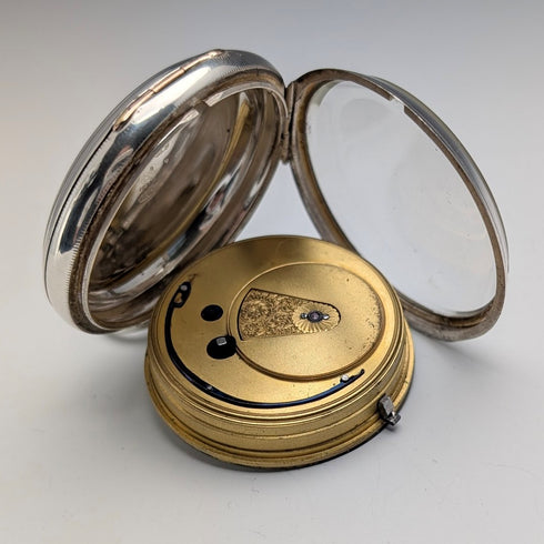 1881 British antique John Cowgill sterling silver pocket watch with key winding mechanism, 53mm diameter, in good working order