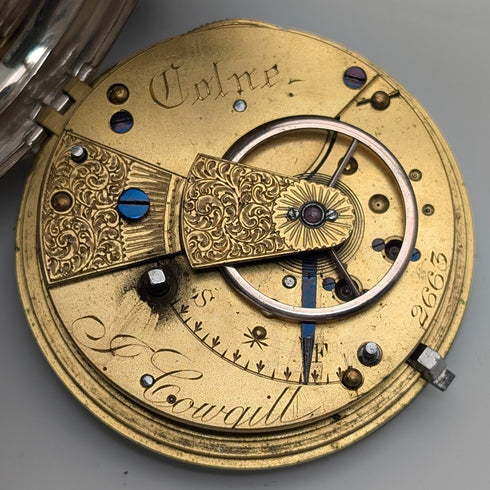 1881 British antique John Cowgill sterling silver pocket watch with key winding mechanism, 53mm diameter, in good working order