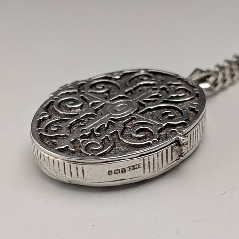 British Vintage Sterling Silver Oval Locket Pendant with Sterling Silver Necklace, 38g Total, CHC
