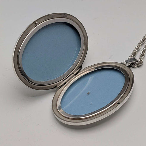 British Vintage Sterling Silver Oval Locket Pendant with Sterling Silver Necklace, 20g Total, JAM