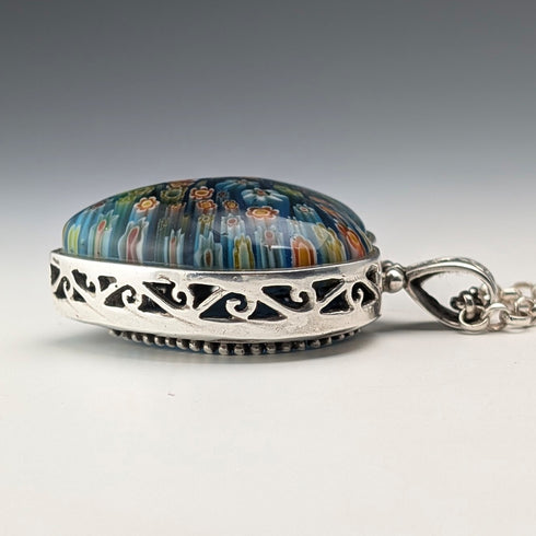 ヴィンテージ ミルフィオリガラス&純銀ペンダント& 純銀アズキチェーンネックレス 計80g