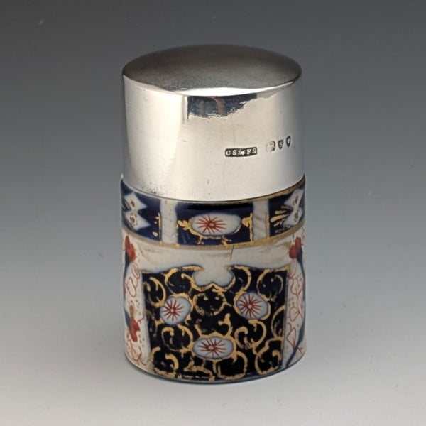 1893年 英国アンティーク 純銀蓋 伊万里柄セラミックボトルジャー Saunders&Shepherd